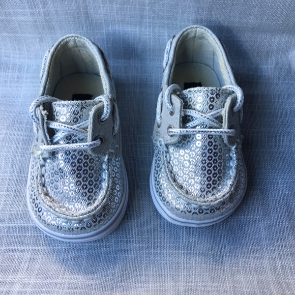 SPERRY TOP-SIDER BAHAMA CRIB SILVER SEQUIN BOAT SHOE BABY GIRLS SIZE 1 - Picture 2 of 12